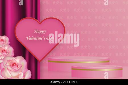 Podium runde Bühne für Valentinstag mit rotem und goldenem Herz für den I Love You Tag, rotes Papier geschnittene Kunst und Handwerk auf rotem Hintergrund mit festlichem Elem Stock Vektor