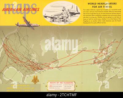 American Airlines Karten - Routen - Flugreisen 1940 - Poster der Fluggesellschaft Stockfoto