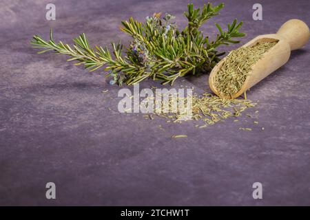 Getrockneter Rosmarin, der in einem Holzlöffel gemahlen wird, zusammen mit einem Zweig frischer Rosmarinblüten Stockfoto