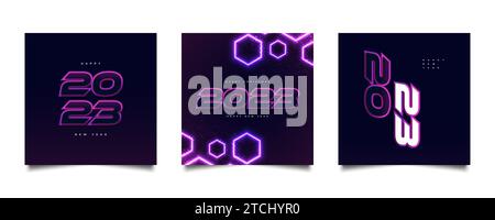 Happy New Year 2023 Poster-Set mit futuristischem Konzept und farbenfrohem Neoneffekt. 2023 Neujahrsdesignvorlagen für Feier, Hintergrund, Banner Stock Vektor