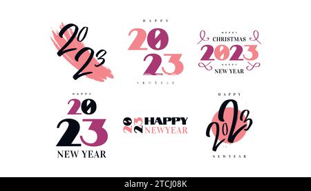 Set mit 2023 Logotexten für ein Happy New Year. 2023 Happy New Year Symbol isoliert auf weißem Hintergrund. Verwendbar für Label, Kalenderdesign oder Celebration Stock Vektor