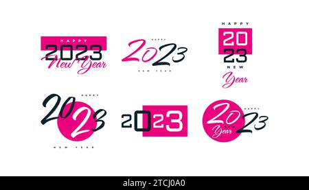 Set mit 2023 Logotexten für ein Happy New Year. 2023 Happy New Year Symbol isoliert auf weißem Hintergrund. Verwendbar für Label, Kalenderdesign oder Celebration Stock Vektor