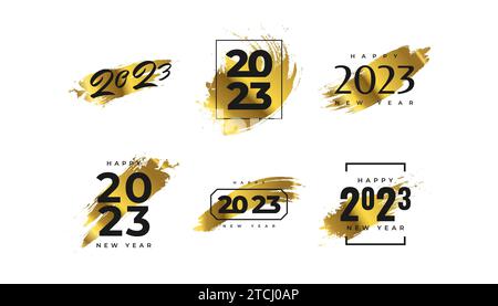 Set mit 2023 Happy New Year Logo-Textdesign mit goldenem Pinsel. 2023 Happy New Year Symbol isoliert auf weißem Hintergrund. Verwendbar für Label Stock Vektor