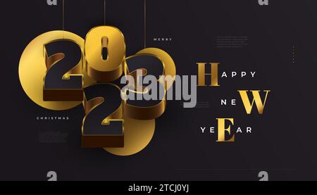 Happy New Year 2023 Banner mit hängenden 3D Schwarz und Gold Zahlen isoliert auf schwarzem Hintergrund. Design für das Neujahr 2023 für Banner, Poster oder Gruß Stock Vektor