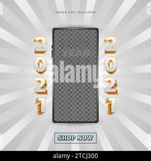 Poster zur Verkaufsförderung für das neue Jahr 2021 mit Smartphone-Mockup und 3D-Goldtext Stock Vektor