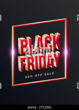 Black Friday Sale Poster mit goldenem Rahmen und 3D-Text Stock Vektor