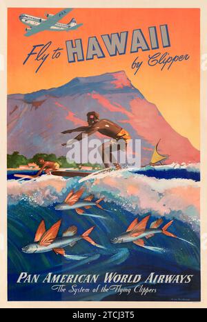 Fly to Hawaii - American Travel Poster, 1940er Jahre - Vintage Surfen - Pan American World Airways, Flying Clippers Stockfoto