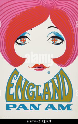 England der 1960er Jahre, Pan am Reiseplakat, eine Frau aus den 1960er Jahren mit Union Jack Augen Stockfoto