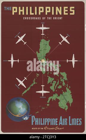 Vintage-amerikanisches Reiseposter - die Philippinen, Kreuzung der Orient Philippine Air Lines, Route des Orient Star - Walther-Boland Associates. 1950er Jahre Stockfoto