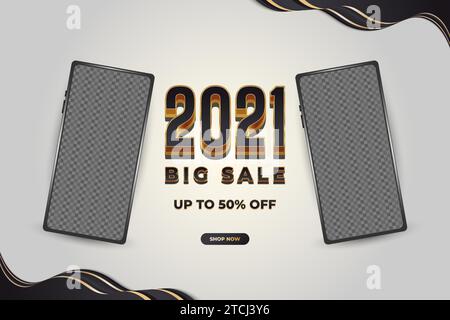 Neujahrsbanner 2021 mit Gold- und schwarzem Konzept und Smartphone-Mockup Stock Vektor