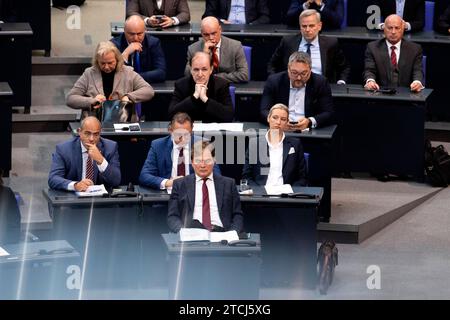 AFD Bundestag DEU, Deutschland, Deutschland, Berlin, 28.11.2023 Fraktion der AfD mit Vorsitzenden Bernd Baumann, Tino Chrupalla und Alice Weidel der AfD , Alternative für Deutschland, waehrend der Debatte bei der Sitzung des Deutschen Bundestages ueber eine Erklaerung an den Bundestag zur Haushaltsentscheidung im Deutschen Bundestag in Berlin Deutschland en: AFD-Fraktion mit den Vorsitzenden Bernd Baumann , Tino Chrupalla und Alice Weidel von der AfD Alternative für Deutschland während der Debatte in der Sitzung des Deutschen Bundestages über eine Erklärung vor dem Bundestag zum Haushaltsbeschluss in t Stockfoto