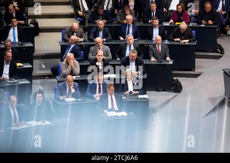 AFD Bundestag DEU, Deutschland, Deutschland, Berlin, 28.11.2023 Fraktion der AfD mit Vorsitzenden Bernd Baumann, Tino Chrupalla und Alice Weidel der AfD , Alternative für Deutschland, waehrend der Debatte bei der Sitzung des Deutschen Bundestages ueber eine Erklaerung an den Bundestag zur Haushaltsentscheidung im Deutschen Bundestag in Berlin Deutschland en: AFD-Fraktion mit den Vorsitzenden Bernd Baumann , Tino Chrupalla und Alice Weidel von der AfD Alternative für Deutschland während der Debatte in der Sitzung des Deutschen Bundestages über eine Erklärung vor dem Bundestag zum Haushaltsbeschluss in t Stockfoto