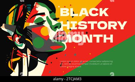 Abstraktes grafisches Banner für Black History Month. Afroamerikanische Rechte und Kultur feiern. Modernes kreatives Plakat mit farbiger Person. Afrika-Frau auf Afro-Flagge Farben Kunstvektor-Design-Plakat Stock Vektor