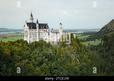 Ein majestätisches weißes Schloss steht auf einem lebendigen, üppig grünen Wald und schafft eine malerische Landschaft Stockfoto