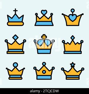 Set mit Kronsymbolen in modernem, dünnem Stil. Sammlung von Wappen und königlichen Symbolen. Vektorabbildung Stock Vektor