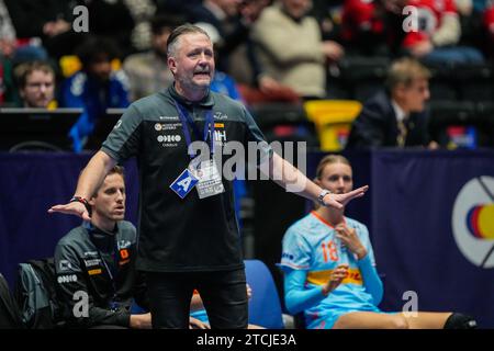 Trondheim 20231212. Niederländischer Trainer per anders Johansson im Viertelfinale der Handball-Weltmeisterschaft zwischen den Niederlanden und Norwegen in Trondheim Spektrum. Foto: Beate Oma Dahle / NTB Stockfoto