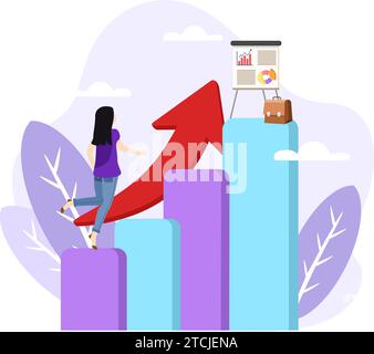Illustration zum beruflichen Aufstieg. Abstraktes Konzept zur beruflichen Weiterentwicklung. Der junge Unternehmer läuft mit einem welligen Pfeil nach oben. Förderung des Unternehmens und Wachstum von Stock Vektor
