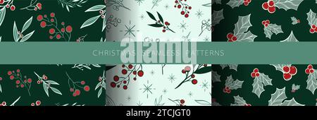 Nahtloses Muster-Set mit handgezeichneten weihnachtsblättern und Zweigen. Perfekt für Weihnachten oder Neujahr Tapeten, Geschenkpapier, Websites, Hintergrund Stock Vektor