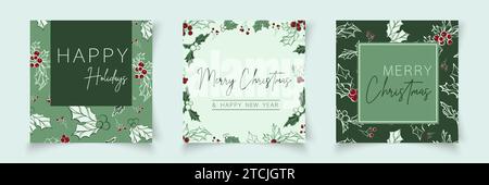 Set mit weihnachtskarten-Vorlagen mit Branchenkarten-Elementen im Strichart-Stil. Botanisches Banner Weihnachtsrahmen. Editierbarer Vektor für Verkauf, Karte, soziale Medien. Stock Vektor