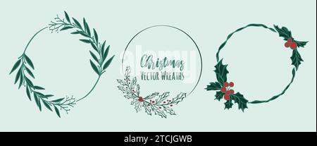 Set weihnachtskranz mit Blättern, Beeren, Weihnachtsstern und Zweigen. Vektorabbildung. Modernes Design für Feiertage Einladungskarte, Poster. Stock Vektor