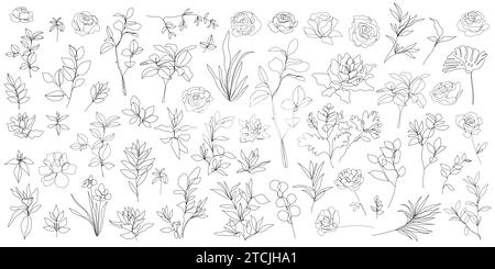 Vektorsatz aus einer Linie Kunstblumen, durchgehende Monoline Pflanzen, Rosen, Blätter, Äste. Blütenlogos, minimalistische Illustration. Einfache Skizze, schwarz Stock Vektor