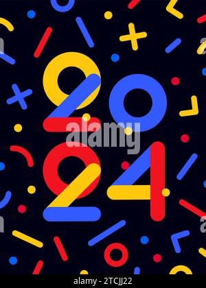 2024, Happy New Year. Grußkarte für ein glückliches neues Jahr, Banner, Poster und Aufkleber, geometrischer Feiertagsstil mit Text 2024, Happy New Year. Weihnachtskarte Weihnachtskonfetti, 2024. Vektorabbildung Stock Vektor