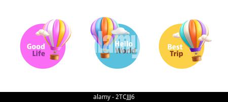 Heißluftballon mit Korb 3D-Darstellung Illustration in den Wolken, Satz runder Aufkleber oder Etiketten, isoliert Stock Vektor