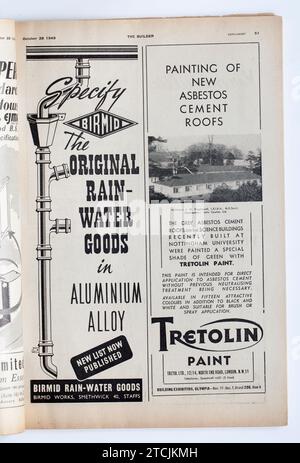 Werbung aus einer Kopie der 1940er Jahre The Builder Magazine; Birmid Rain Water Goods; Tretolin-Farbe Stockfoto