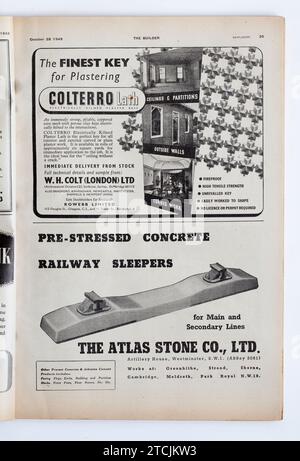 Werbung aus einer Ausgabe der 1940er Jahre The Builder Magazine : Colterro Lath Plastics : Atlas Stone Railway Sleepers ; Stockfoto