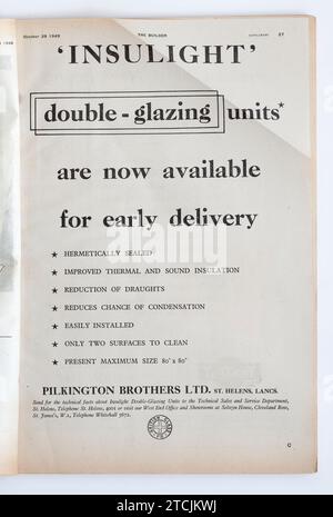 Werbung aus einer Kopie des 1940er Jahre The Builder Magazine; Pilkington Brothers Ltd Glas Doppelverglasung Stockfoto