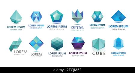 Vektorsatz mit abstraktem Logo-Design, geometrischen Technologie-Ikonen, Business 3D Shapes Kollektion. Origami, Kristallformen und Embleme. Stock Vektor