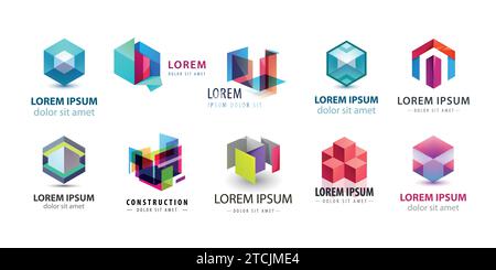 Vektorsatz mit abstraktem Logo-Design, geometrischen Technologie-Ikonen, Business 3D Shapes Kollektion. Origami, Kristallformen und Embleme. Konstruktion Stock Vektor