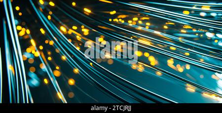 Abstrakter Technologiehintergrund mit beweglichen Bokeh-Lichtern. Stockfoto