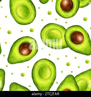 Halbnahtloses Avocado-Muster. Avocado tropische frische Früchte Hand zeichnen Aquarellillustration. Für Textilien, Papier, Tapeten, Design. Stockfoto