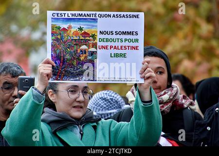 Marseille, Frankreich. Dezember 2023. Eine palästinensische Demonstrantin hält während der Demonstration ein Plakat mit der Aufschrift "es ist die Menschheit, die ermordet wird" und "wir stehen für ein freies Palästina". Die Demonstration für einen Waffenstillstand im Gazastreifen fand nach einer Entscheidung des Verwaltungsgerichts zunächst vom Polizeipräsidium Bouches-du-RhÃ wegen ernsthafter Gefahr einer Störung der öffentlichen Ordnung verboten statt. (Credit Image: © Gerard Bottino/SOPA Images via ZUMA Press Wire) NUR REDAKTIONELLE VERWENDUNG! Nicht für kommerzielle ZWECKE! Stockfoto