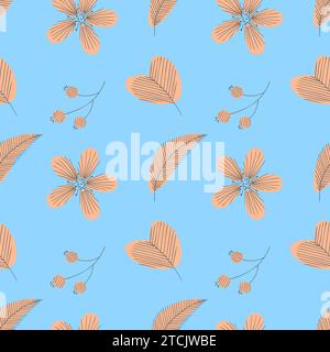 Muster Blumen Peach Fuzz Farbe Trend 2024 Doodle Hand auf blauem Hintergrund gezeichnet. Vektorabbildung Stock Vektor