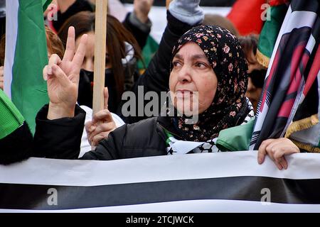 Marseille, Frankreich. Dezember 2023. Eine palästinensische Demonstrantin zeigt das Siegeszeichen während der Demonstration. Die Demonstration für einen Waffenstillstand im Gazastreifen fand nach einer Entscheidung des Verwaltungsgerichts zunächst vom Polizeipräsidium Bouches-du-RhÃ wegen ernsthafter Gefahr einer Störung der öffentlichen Ordnung verboten statt. Die Demonstration für einen Waffenstillstand im Gazastreifen fand nach einer Entscheidung des Verwaltungsgerichts zunächst vom Polizeipräsidium Bouches-du-RhÃ wegen ernsthafter Gefahr einer Störung der öffentlichen Ordnung verboten statt. (Bild: © Gerard Botti Stockfoto