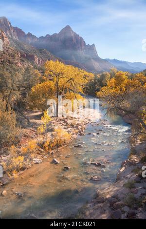 Blick auf den Watchman Mountain und den unberührten Fluss im Zion National Park im Südwesten der USA, nahe Springdale, Utah Stockfoto