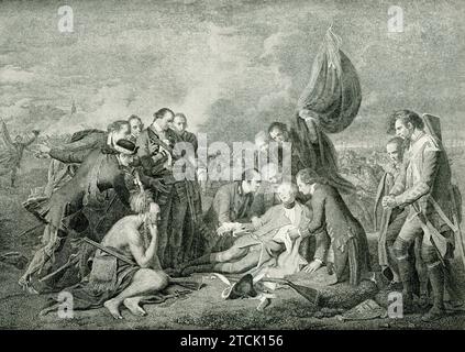 Diese Abbildung zeigt den Tod des englischen Generals Wolfe im Kampf gegen die Franzosen in Québec. James Wolfe (1727–1759) war der zweite Kommandant von Jeffery Amherst im Französisch- und Indianerkrieg. Er befehligte die Expedition gegen Québec und zwang die Eröffnung einer Schlacht mit den Franzosen unter Montcalm auf der Ebene von Abraham. Der Sieg, den er dort gewann, war der Schlüssel, um Neufrankreich an England zu geben. Sowohl er als auch Montcalm wurden in der Schlacht tödlich verwundet. Stockfoto