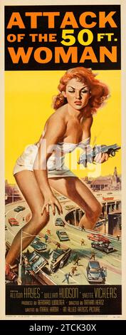 US-amerikanische Filmwerbung - Attack of the 50 Foot Woman (Allied Artists, 1958) - Insert - Reynold Brown Artwork - Science-Fiction-Film. Stockfoto