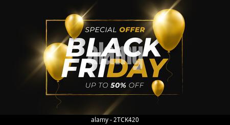 Black Friday Sale Banner Design mit goldenen Helium-Ballons und Lichteffekt auf schwarzem Hintergrund. Werbebanner für Black Frid Stock Vektor