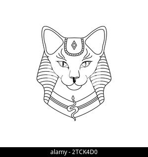 Ägyptische Katze im linearen Stil auf weißem Hintergrund. Die altägyptische Göttin Bast oder Bastet. Stock Vektor