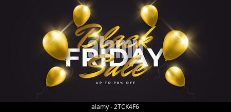 Black Friday Sale Banner Design mit goldenen Helium-Ballons und Lichteffekt auf schwarzem Hintergrund. Werbebanner für Black Frid Stock Vektor