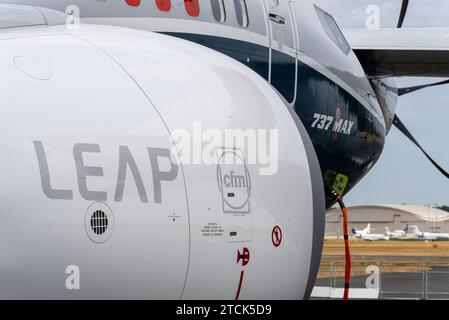 CFM LEAP-Motor in einer Boeing 737 Max 8 auf der Luft- und Raumfahrtmesse in Farnborough. CFM International LEAP ist ein Turbofan-Motor mit hohem Bypass Stockfoto