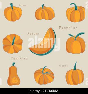 Satz Kürbisaufkleber. Herbstaufkleber mit orangefarbenen Kürbissen in verschiedenen Formen Stock Vektor