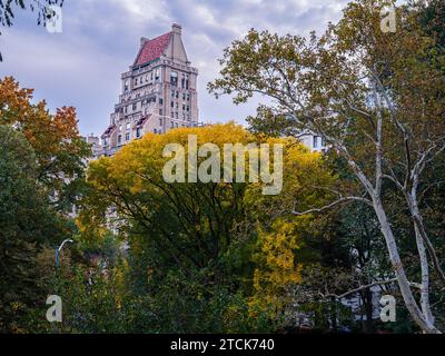 Eine Gegenüberstellung des Stadtlebens in New York und der Oase der Schönheit im Central Park Stockfoto