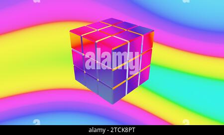 Farbenfrohe 3D-Würfel, die mühelos auf einem leuchtenden Hintergrund mit Regenbogenverläufen schweben, 3D-Rendering Stockfoto