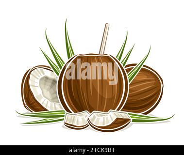 Vektor-Logo für Kokosnusswasser, horizontales Poster mit Illustration der Kokosnusszusammensetzung mit grünen Blättern und Trinkstroh, Zeichentrickdesign fruchtig Stock Vektor