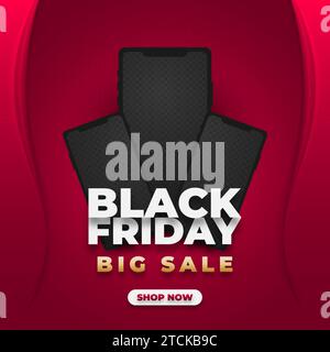 Black Friday Big Sale Werbebanner mit schwarzem Smartphone auf rotem Hintergrund Stock Vektor