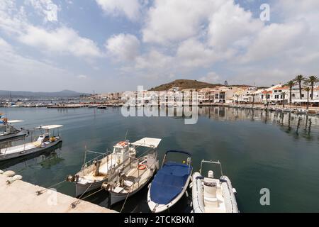 Hafen mit Palmen im Fischerdorf Fornells auf Menorca. Stockfoto
